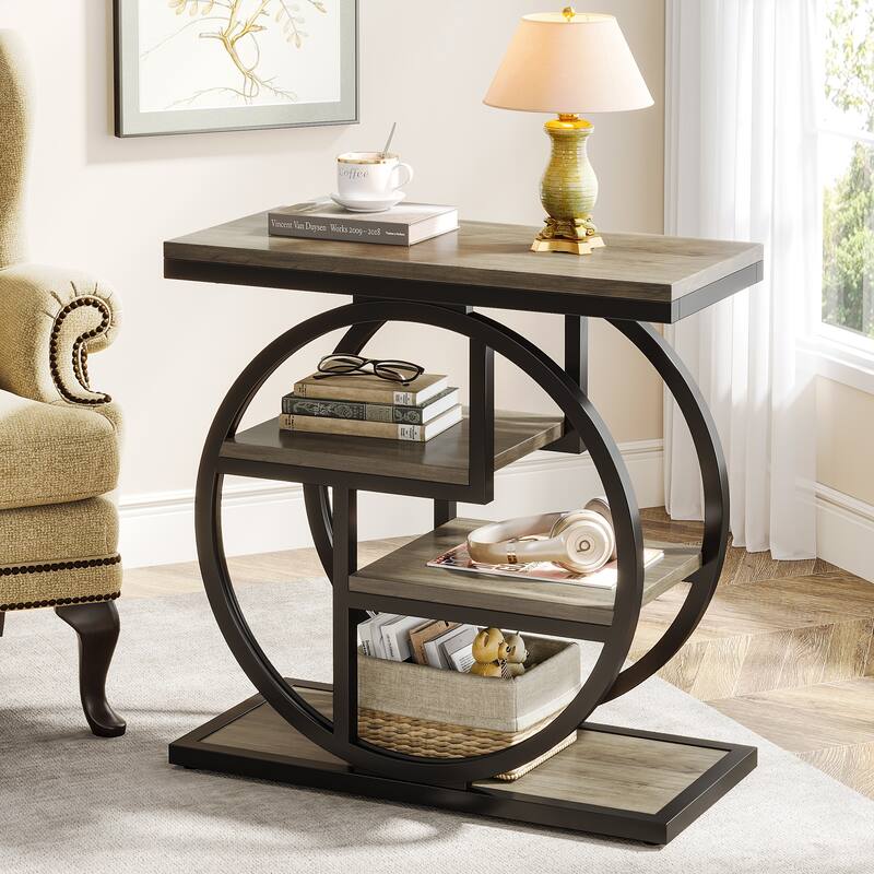 Industrial 4-tier Wood Narrow Side End Table with Storage Shelves - 1 PC - Grey
