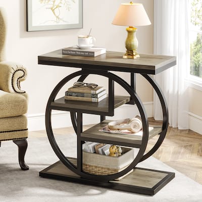 Industrial 4-tier Wood Narrow Side End Table with Storage Shelves