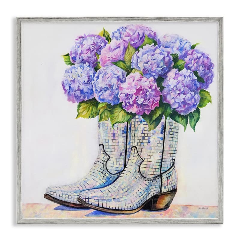Stupell Hydrangea Filled Cowgirl Boots Framed Giclee Art Design By Amanda Greenwood - 24 x 24 - Grey