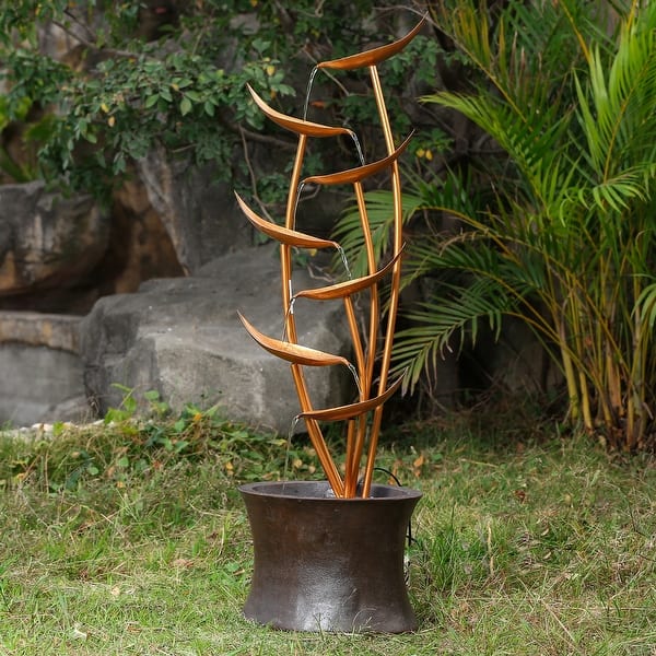 slide 1 of 7, 43.1in. H Rain Forest Bronze Metal Leaves Cascading Polyresin Fountain