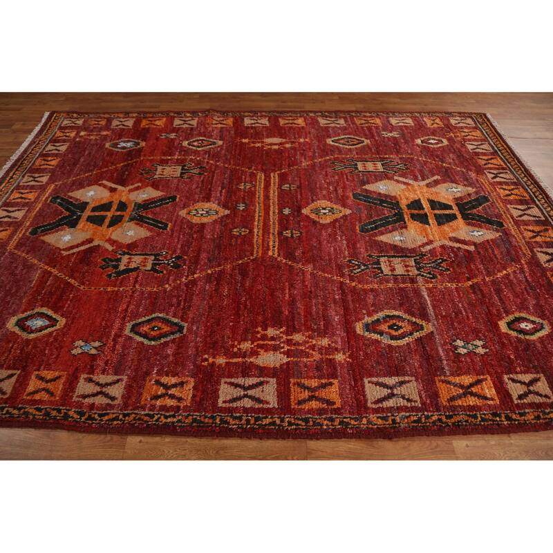 Hand Knotted Oriental 100% Wool Carpet Modern Tribal Red Moroccan Area Rug - 9' 10'' X 6' 11''