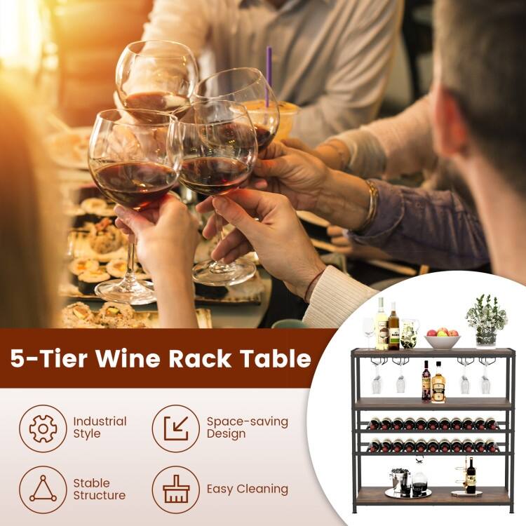 5-tier Wine Rack Table with Glasses Holder - 40" x 14" x 40" (L x W x H)