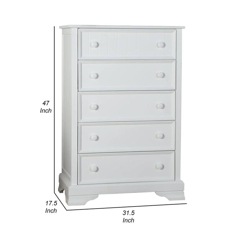 Toli Tall Dresser Chest, 5 Drawers w Round Knobs, White Solid Hardwood