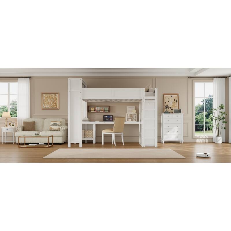 Roomfitters Queen Loft Bed with Wardrobe, Desk, Storage Headboard and USB