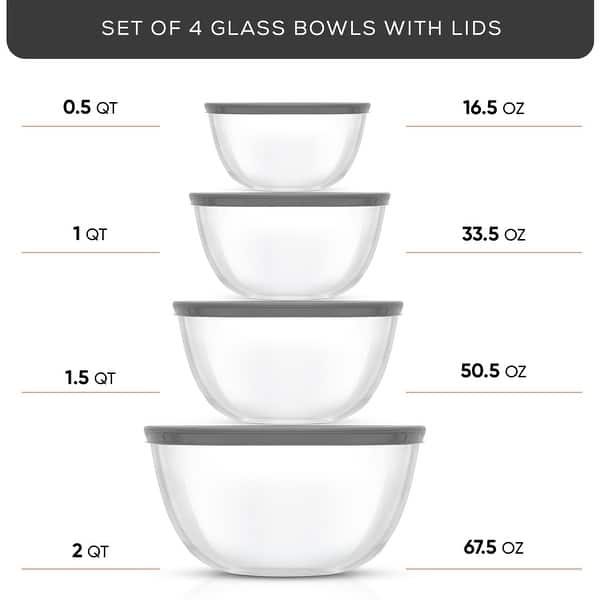 JoyFul by JoyJolt Set of 4 Glass Mixing Bowls With Lids - 16.5 oz, 33.5 oz, 50.5oz, 67.5oz