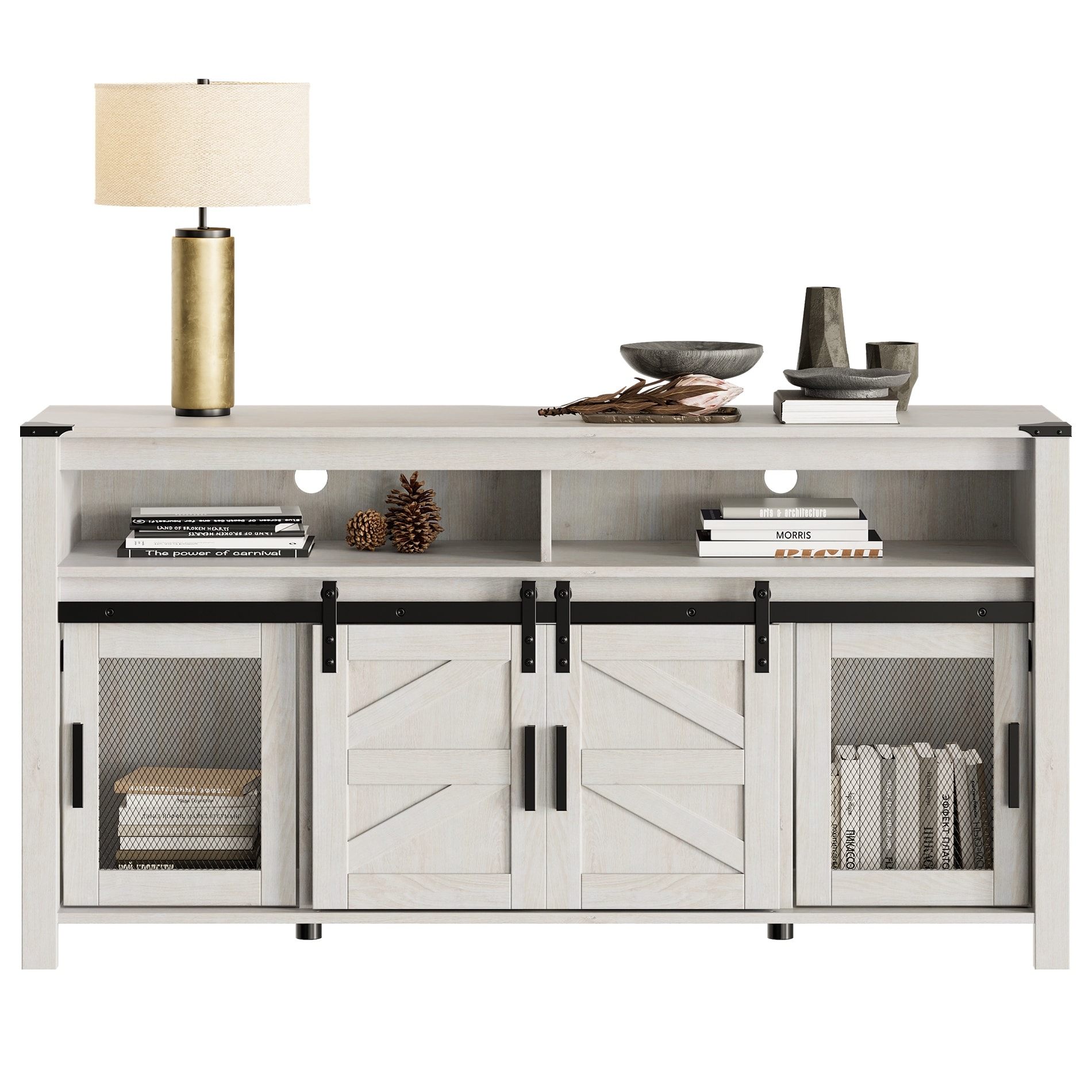 Rustic Wood TV Stand with Mesh & Sliding Barn Doors, Adjustable Shelf