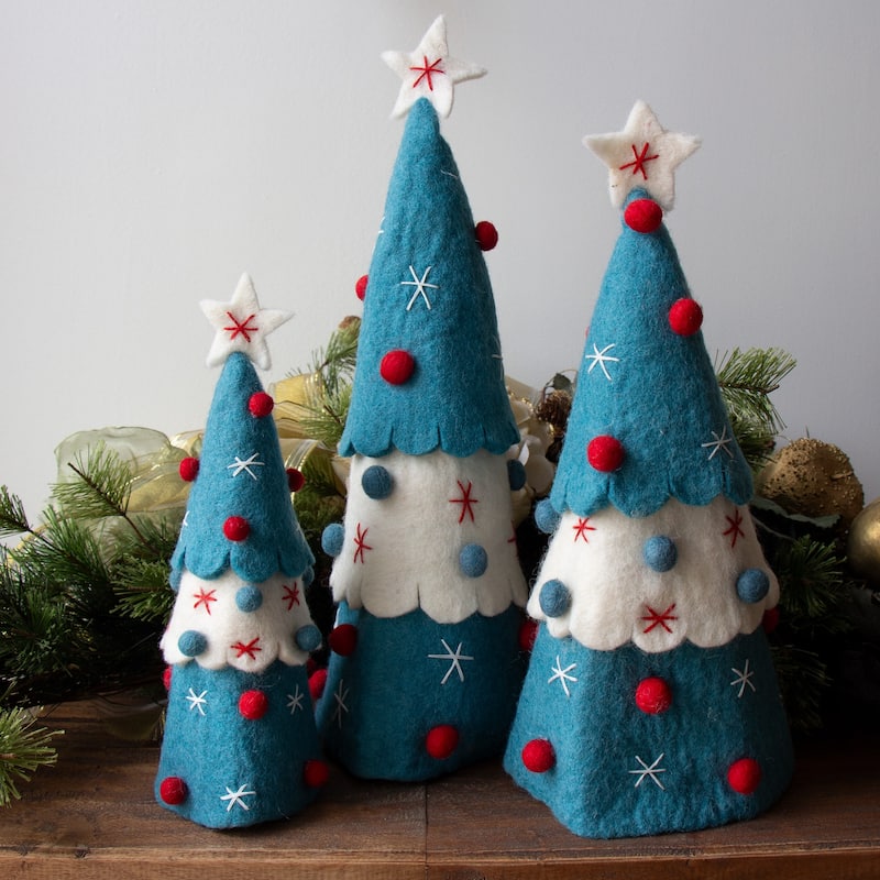 Handcrafted Felt Christmas Tree Topper or Tabletop Decor, Set of 3 Red