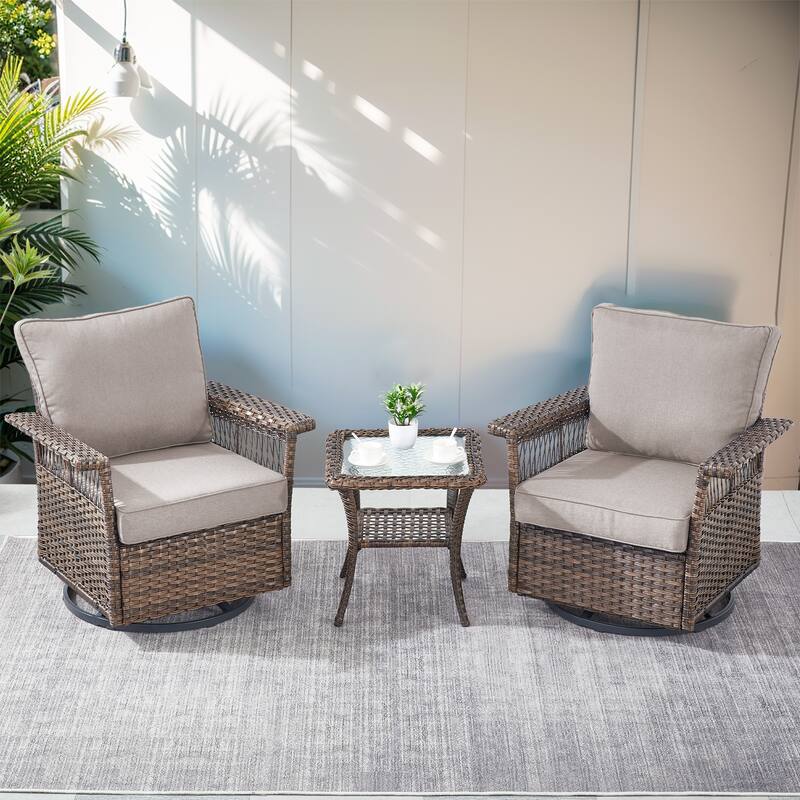 Pocassy Outdoor Swivel Chairs with Sofa Chair Ottoman and Table Set - Brown Wicker Gray Cushion - 3-Piece Swivel Chair with Side Table