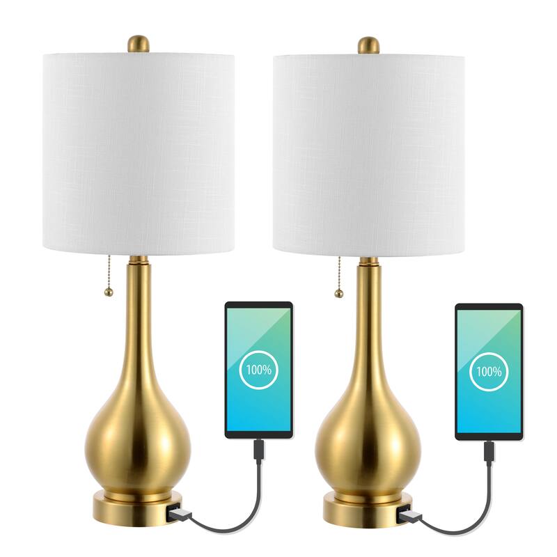 Grant 24" Modern Classic Gourd Iron LED Table Lamp with Pull-Chain with Dual USB Charging Port, by JONATHAN Y (Set of 2)