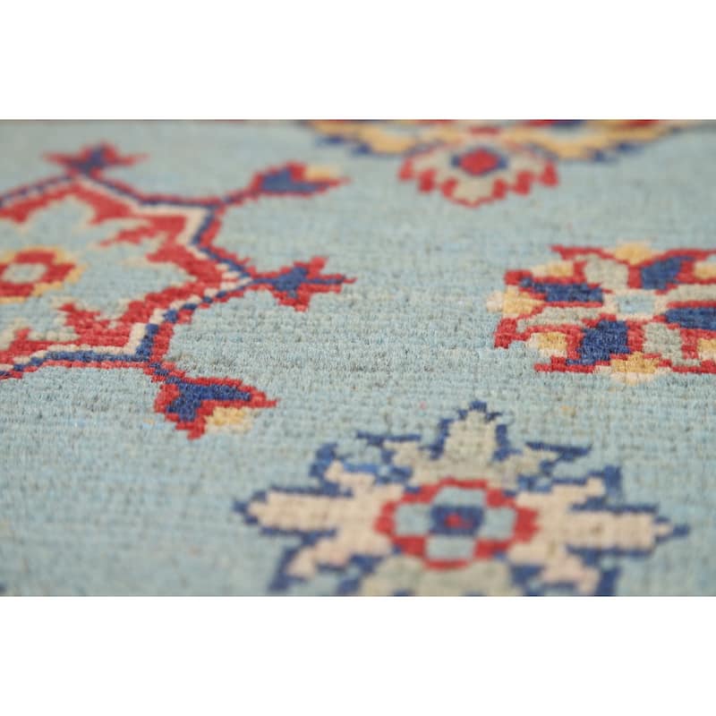 Light Blue Geometric Kazak Oriental Foyer Rug Hand-Knotted Wool Carpet - 2'0" x 3'0"