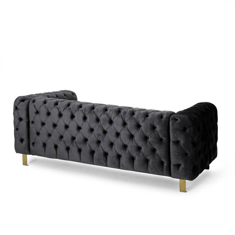 Nua Sofa, Chesterfield Tufted Black Velvet, 84 Inch, Modern Gold Legs