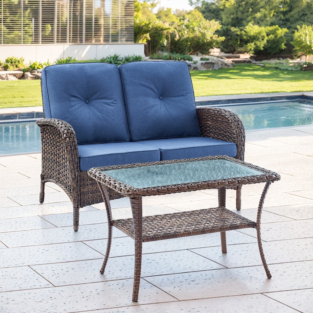 Gymojoy Outdoor Wicker Loveseat with Coffee Table and Outdoor Cushions