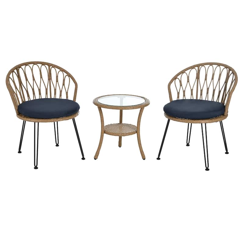 Outdoor Leisure Set, 2 Rattan Single Chairs with A Glass Round Table, Perfectly Suited for Patios, Balconies, and Courtyards