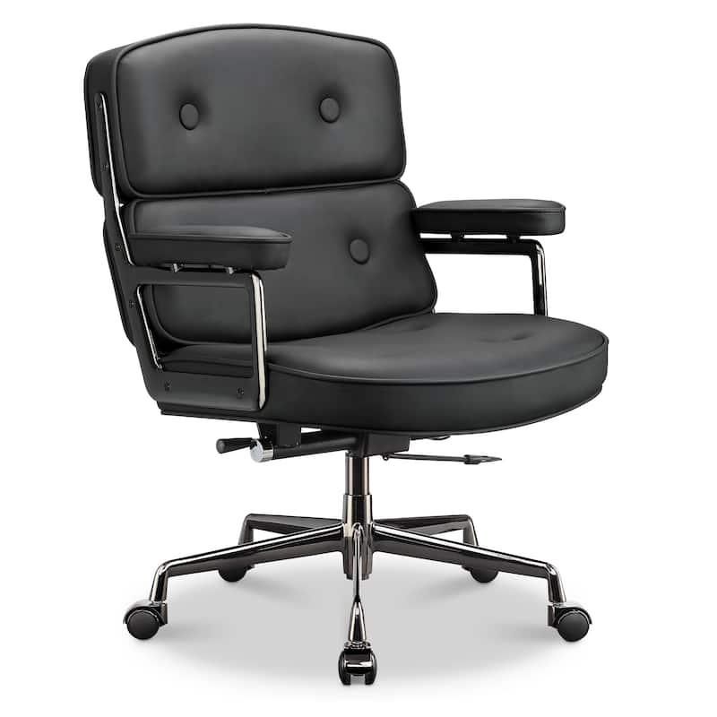 Lobby Lumbar Support Height Adjustable Leather Ergonomic Office Chair - Black&Black Chrome
