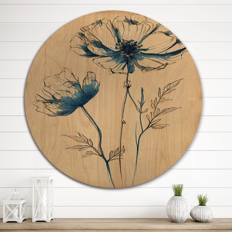 Designart "Indigo Flower Blossoming IV" Floral Wood Wall Art - Natural Pine Wood
