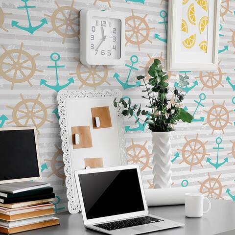 Beige and Grey Striped Nautical Peel and Stick Removable Wallpaper 9627