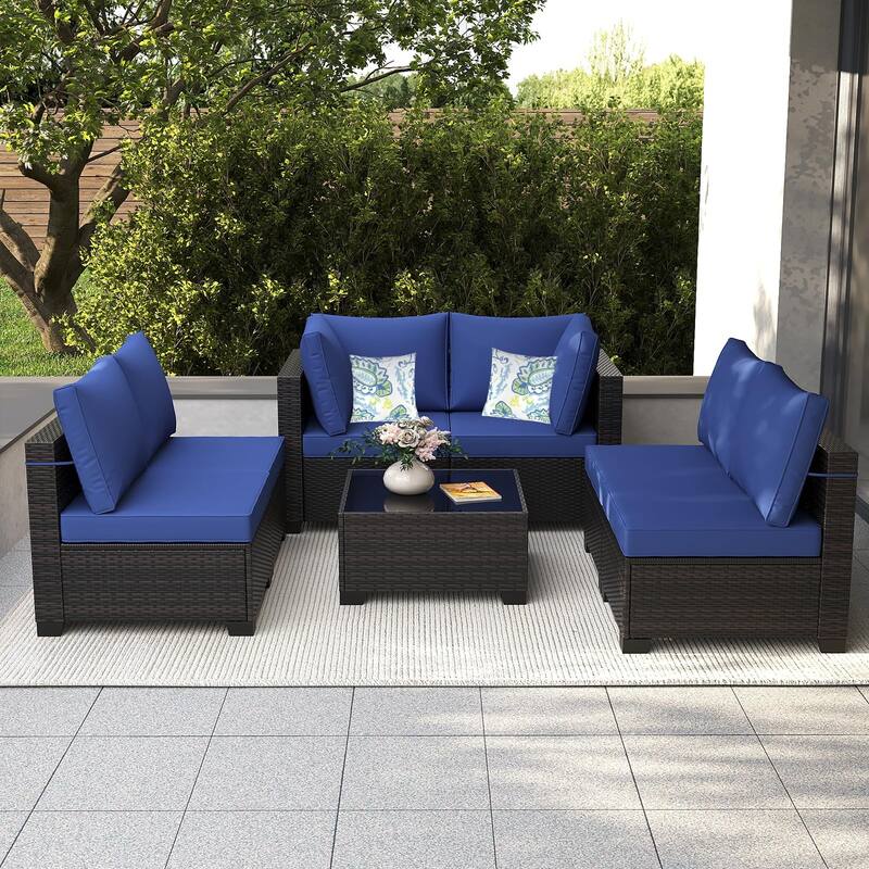 7 Piece Wicker Outdoor Patio Furniture Set, Outdoor Seating Set with Rattan Coffee Table