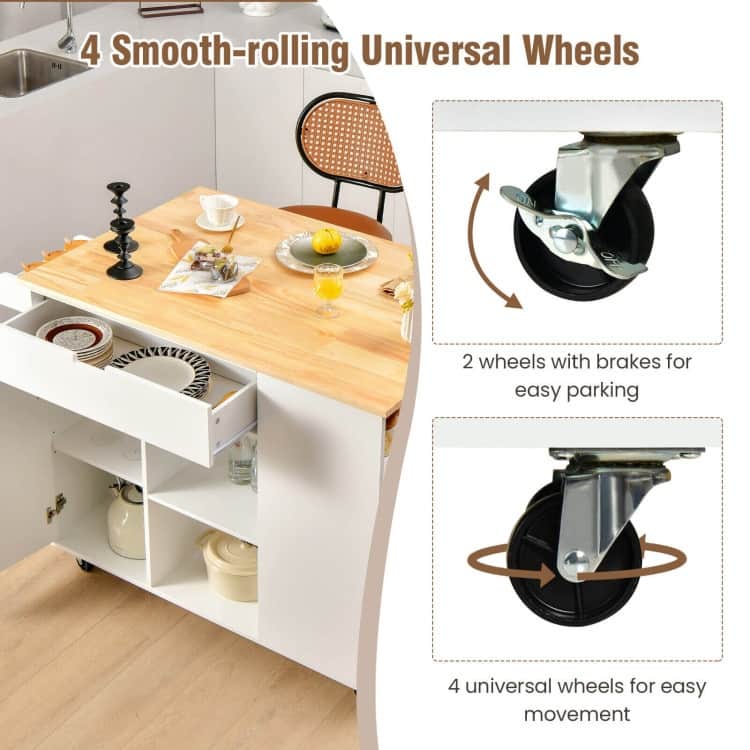 Drop-Leaf Kitchen Island with Rubber Wood Top - 49" x 30" x 36"(L x W x H)