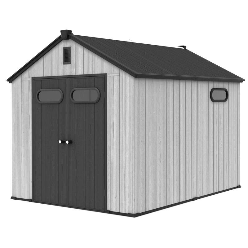 8X10 FT All-Weather Waterproof Plastc Outdoor Resin Storage Shed Windows Lockable Door with Floor for Patio Furniture and Tools - LightGrey - 8X10FT