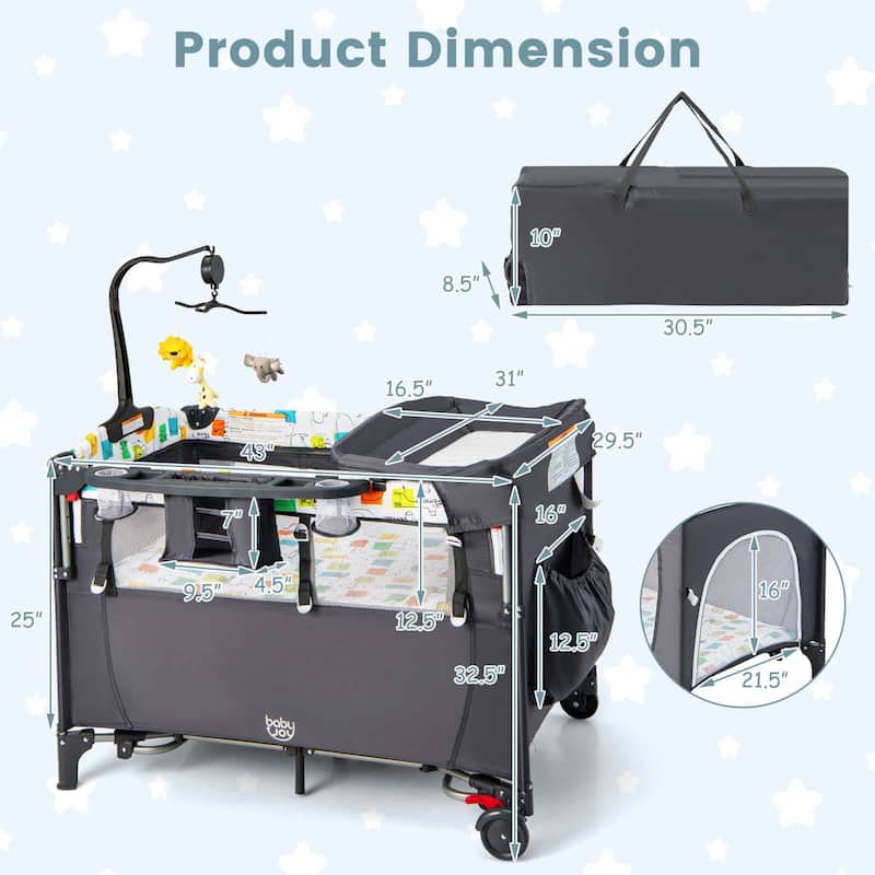 Honeyjoy 5-in-1 Baby Crib with Adjustable Height Soft Mattress - See Details
