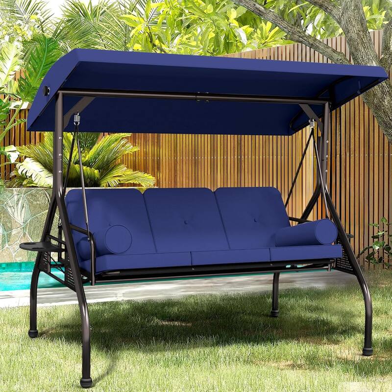 Outdoor Patio 3-Seat Porch Swing Cushioned Seat Bench Chair with Adjustable Tilt Canopy & Side Trays