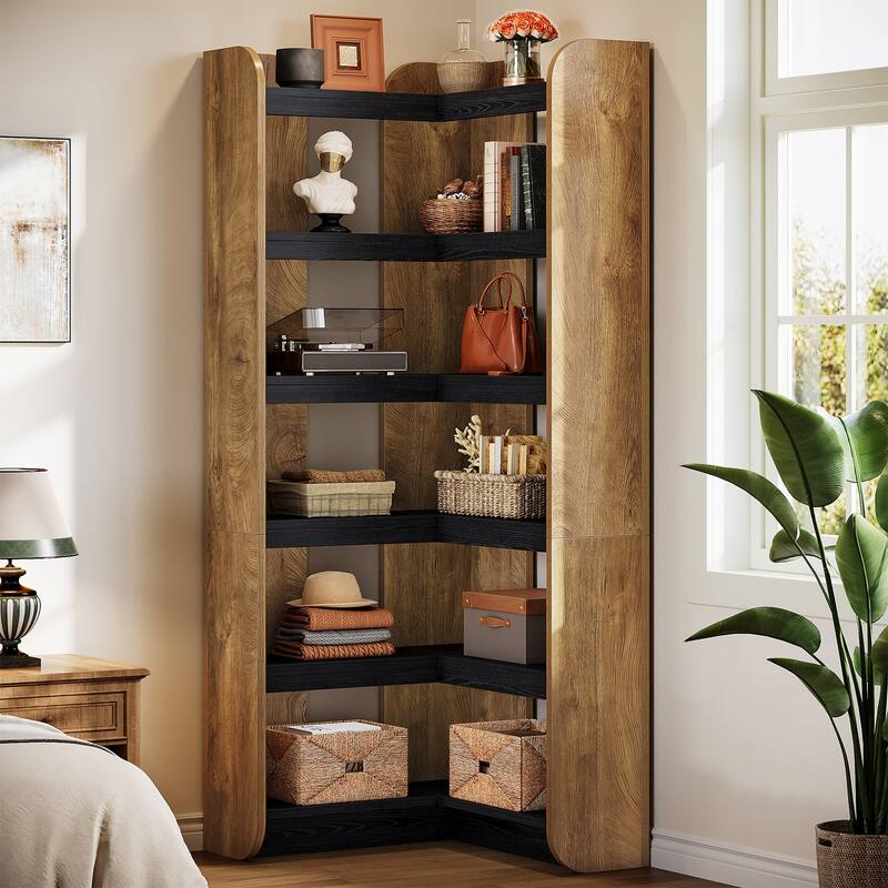 6-Tier Wooden Bookcase, 70.9-Inch Tall Corner Bookshelf