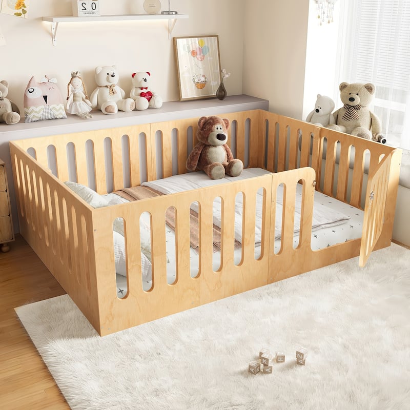 Queen Size Floor Bed with High Fence for Kids, Solid Wood Kids Montessori Bed with Door, No Box Spring Needed Design