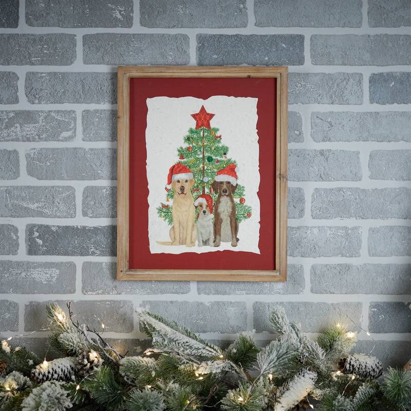 Holiday Dog Print Wall Art with Santa Hats and Christmas Tree Rustic Wood Red Matte Frame Decor - 11.5”L x 0.5”W x 15”H