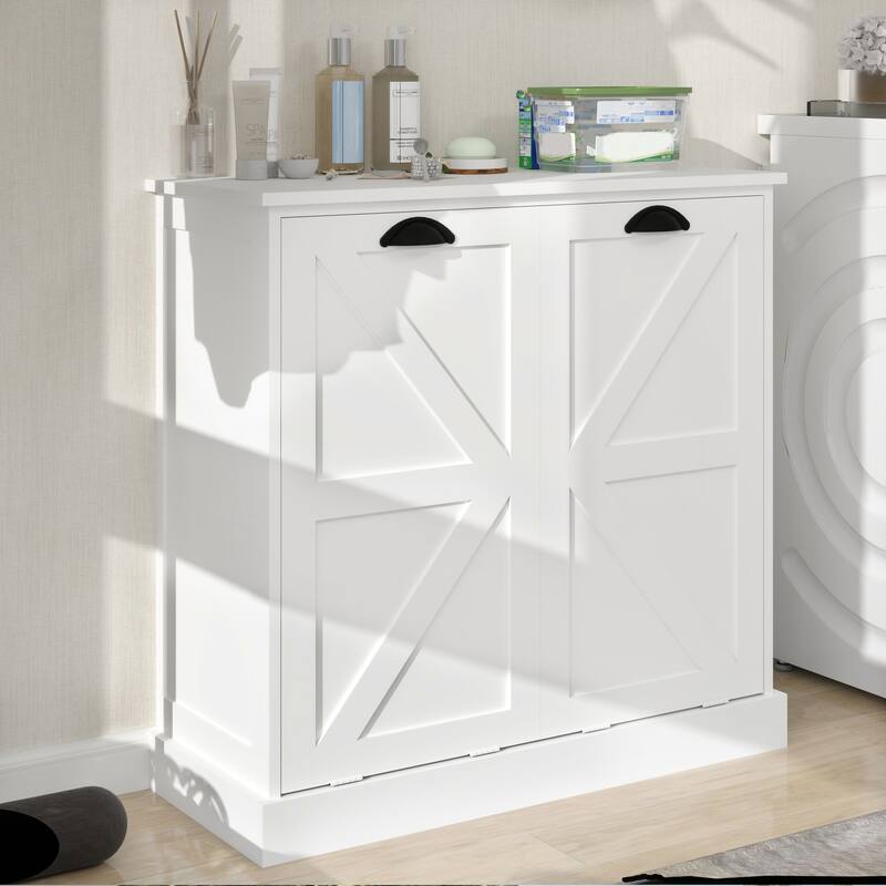 Modern Laundry Sorter Cabinet with Two Compartments and Removable Cloth Bags