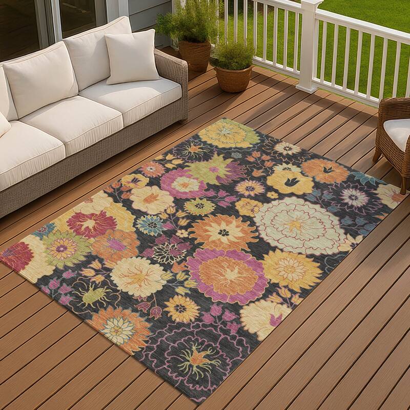 Machine Washable Indoor/ Outdoor Modern Floral Chantille Rug - Black - 9' x 12'