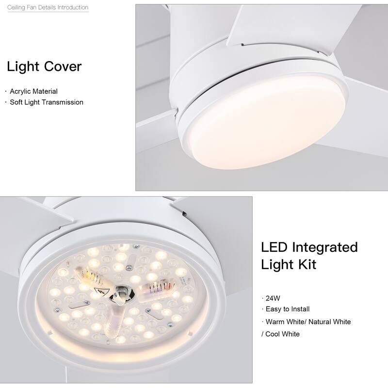 48" White Blades Lowe Profile Ceiling Fans with Light