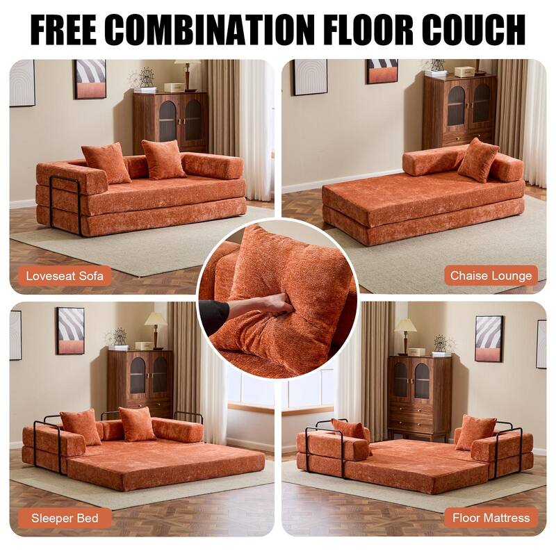 Chenille Floor Sleeper Sofa Bed Foldable Loveseat Couch Futon Sofa with Removable L-shaped Armrest and Movable Iron Frame