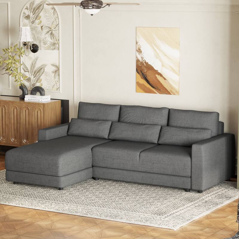 Versatile L-Shaped Sectional Sofa with Pillows, Linen Fabric, Gray - Left Facing - Gray