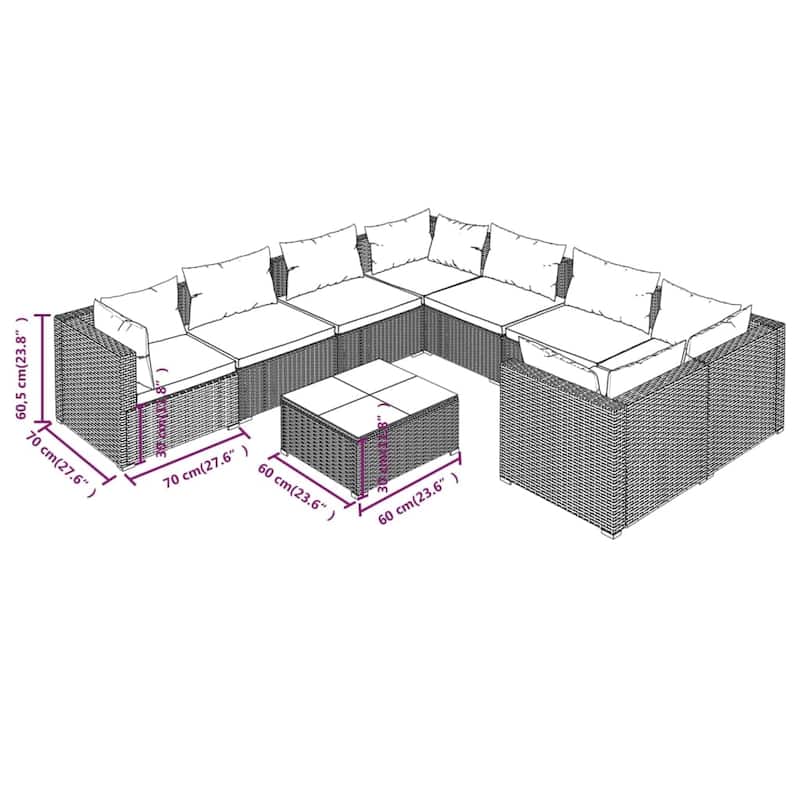 vidaXL Patio Lounge Set with Cushions Poly Rattan Brown - 27.6" x 27.6" x 24" - 27.6" x 27.6" x 24"