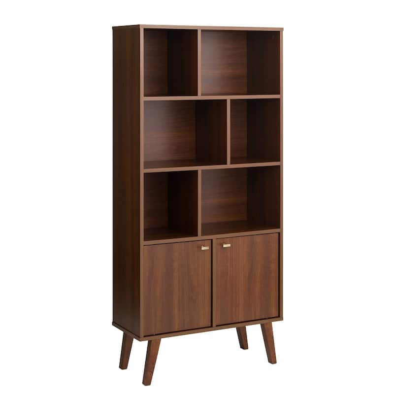 Prepac Milo Mid-Century Modern Bookcase with Six Shelves and Two Doors - 29 in. W x 62.25 in. H x 12 in. D - Cherry