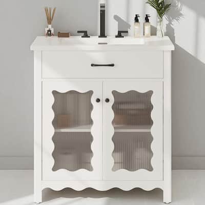 31" Bathroom Vanity with Tempered Glass, Ceramic Sink, Rubber Wood Legs & Soft-Close Doors