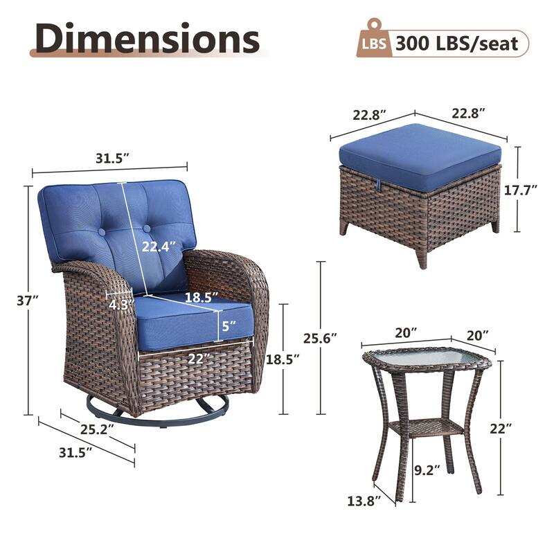 TWrap Brown Wicker Patio 5-Piece Swivel Gliders Conversation Set with 5-Inch Thick Cushions