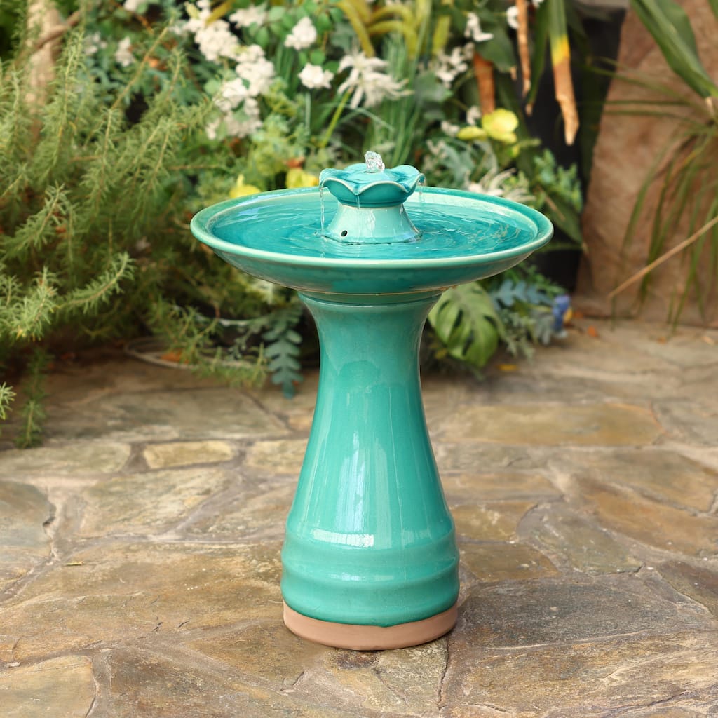 Aqua Glazed Ceramic 22-In Tall Birdbath Fountain