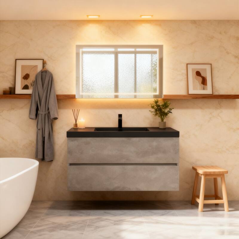 RupheonD 36" 48" Cement Grey Bathroom Vanity with Black Quartz Top