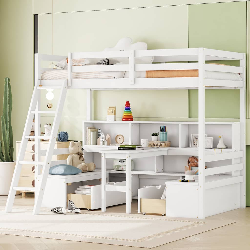 Wooden High Loft Bed Twin SIze with Desk and 2 Benches, Versatile Storage Loft Bed Frame with Built In Bookcase and 2 Drawers