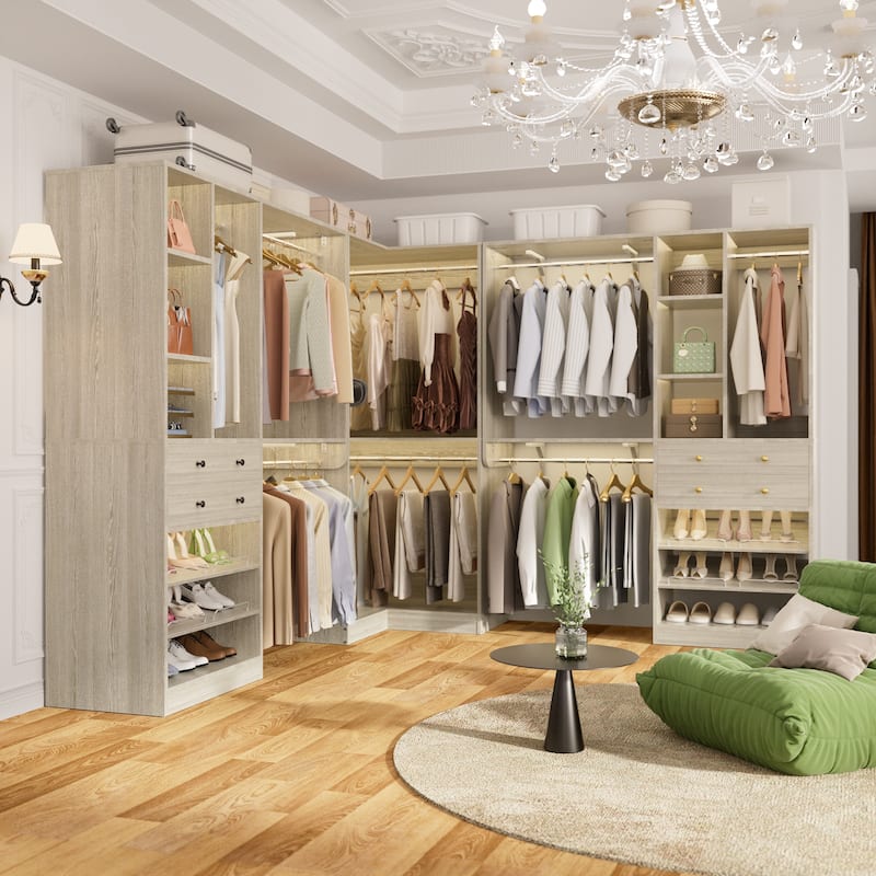 Rackcog Freestanding Corner Closet System Set, Closet Organizer with Hanging Rods and Drawers