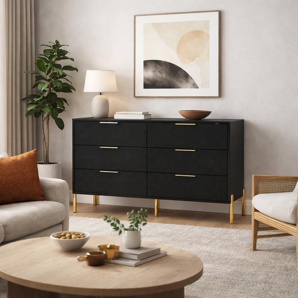 Modern 6-Drawer Dresser, Wide Wooden Chest of Drawers with Large Storage, Clothes Organizer Cabinet for Bedroom, Living Room