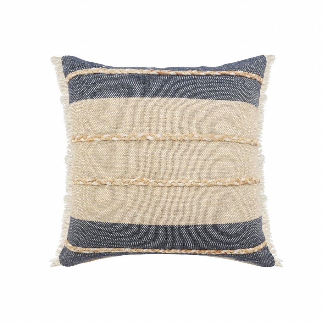 HomeRoots 20" X 20" Denim Blue Tan And Taupe Jute Coastal Zippered Pillow