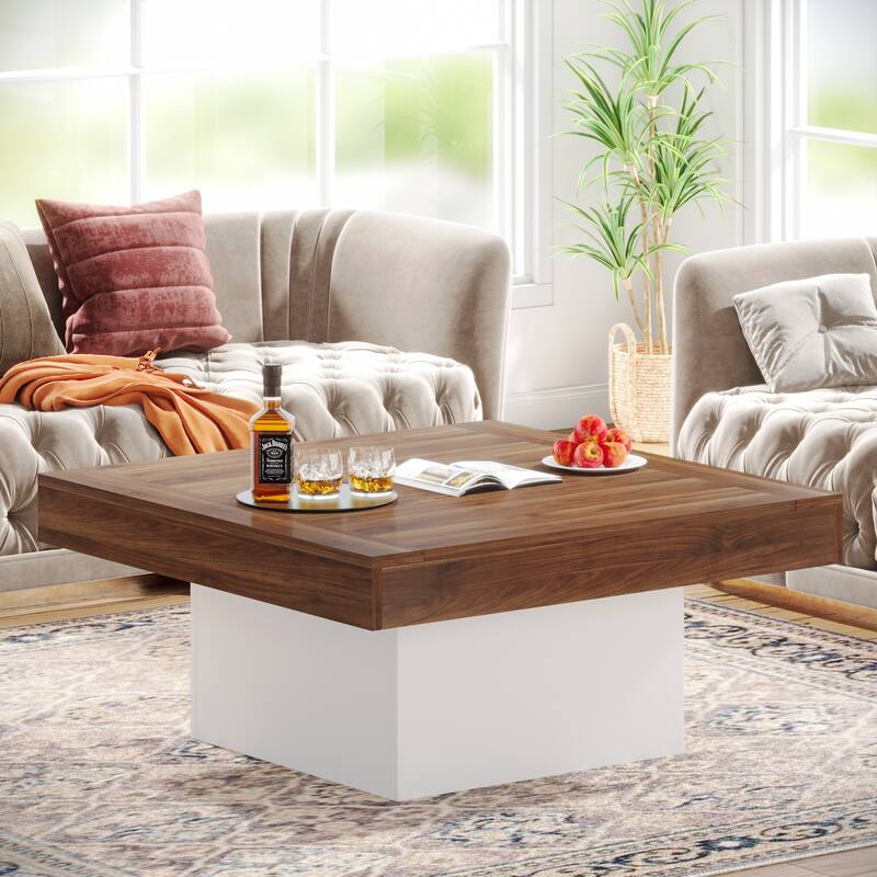 Farmhouse Coffee Table Square LED Coffee Table Engineered Wood Coffee Table - Retro Brown+White