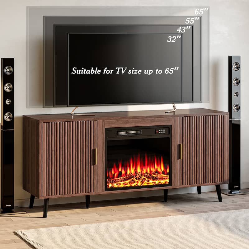 BOSSIN 58"Mid-Century Electric Fireplace TV Stand with Fluted Panels, Remote Control, and Adjustable Shelves for TVs up to 65"