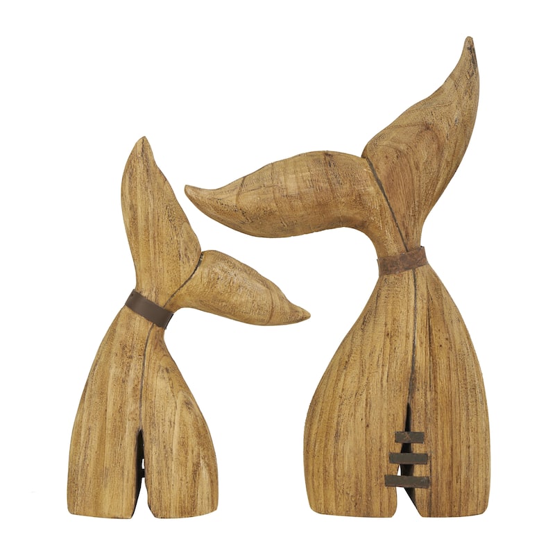 Wood Whale Handmade Tail Decorative Sculpture with Metal Band Accents - Set of 2 Brown - Roche River Decor