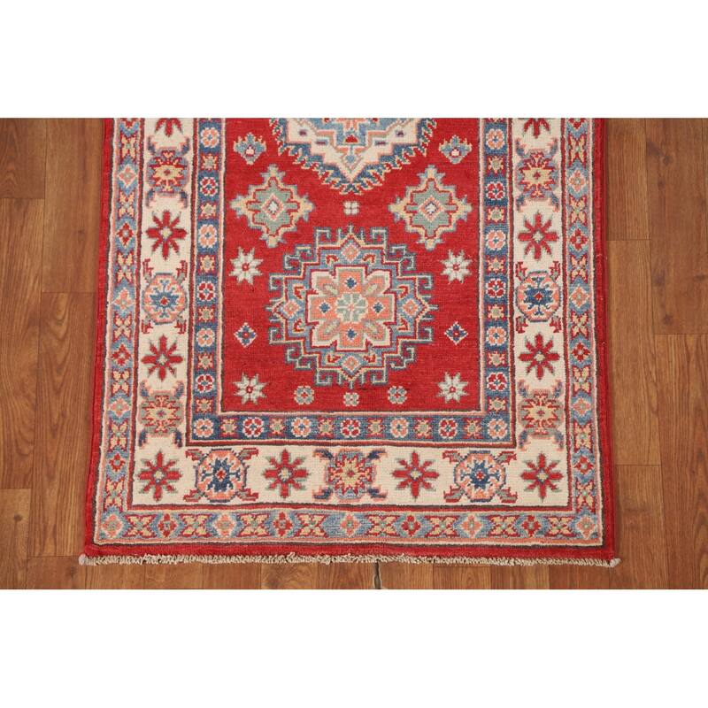 Geometric Red Kazak Runner Rug Hallway Hand-Knotted Wool Carpet - 2'7" x 8'0"