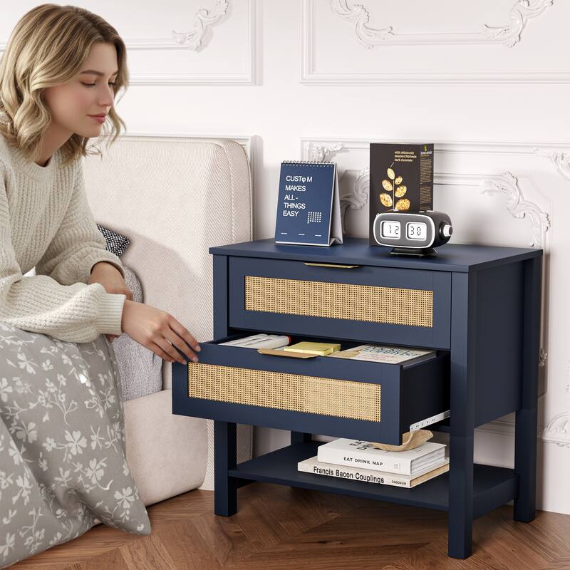 Rattan Nightstand with 2 Drawers and Storage Shelf Boho Bedside Narrow Side Table for Bedroom