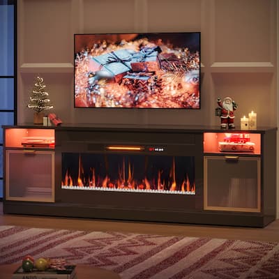 71 in. Freestanding Fireplace TV Stand for TVs Up to 80 in. with Ample Storage in Glossy - 22.83hx71wx15.75d