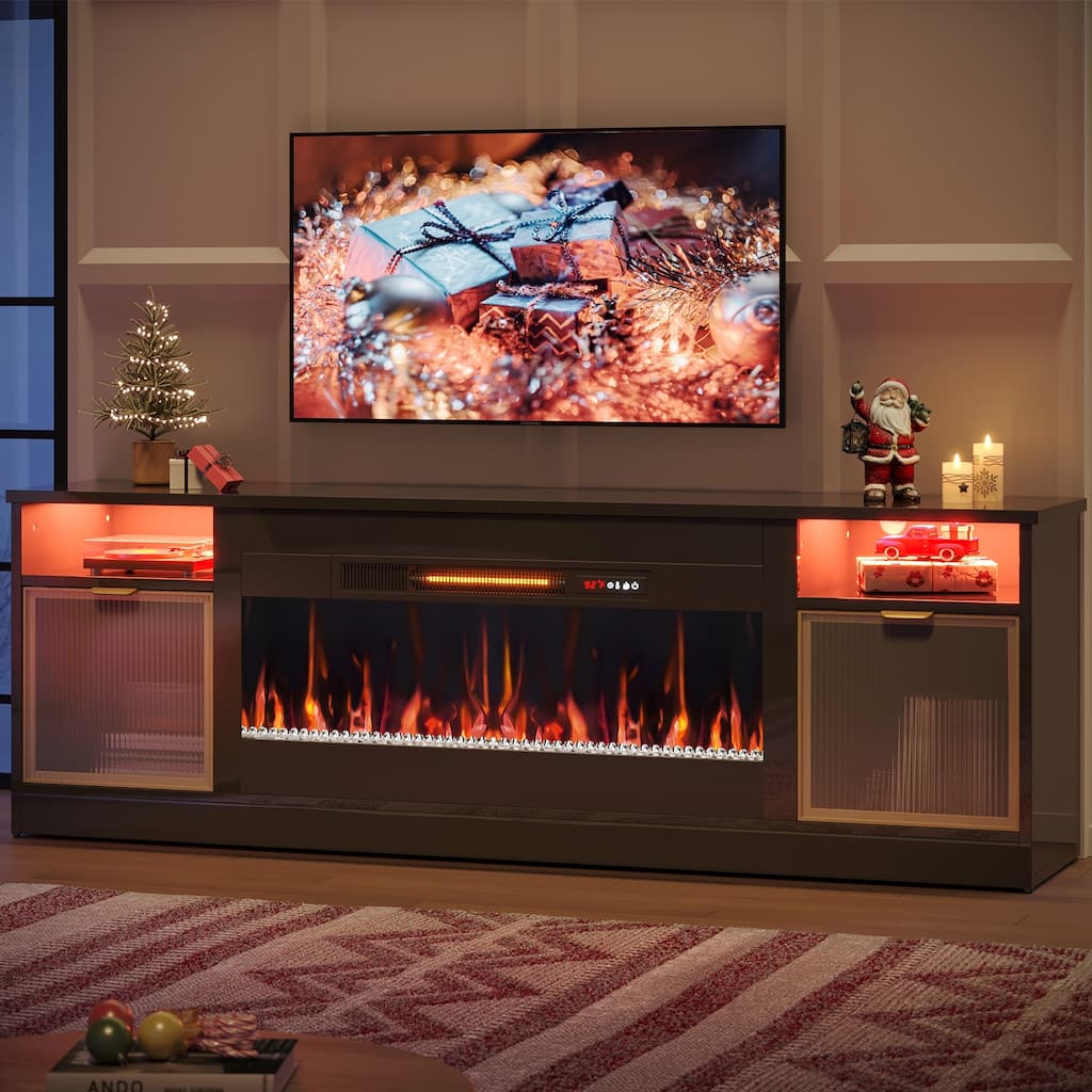 Bestier 71 in. Freestanding Fireplace TV Stand for TVs Up to 80 in. with Ample Storage in Glossy - 22.83hx71wx15.75d